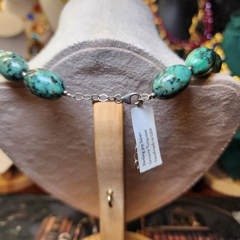 African Turquoise Jasper Necklace Oval Beaded Gemstone Sterling Silver Southwest - Picture 5 of 11